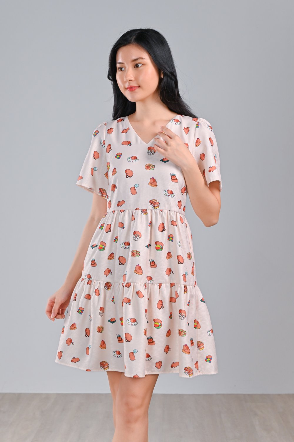 CUTE CAPYBARA V-NECK BABYDOLL DRESS