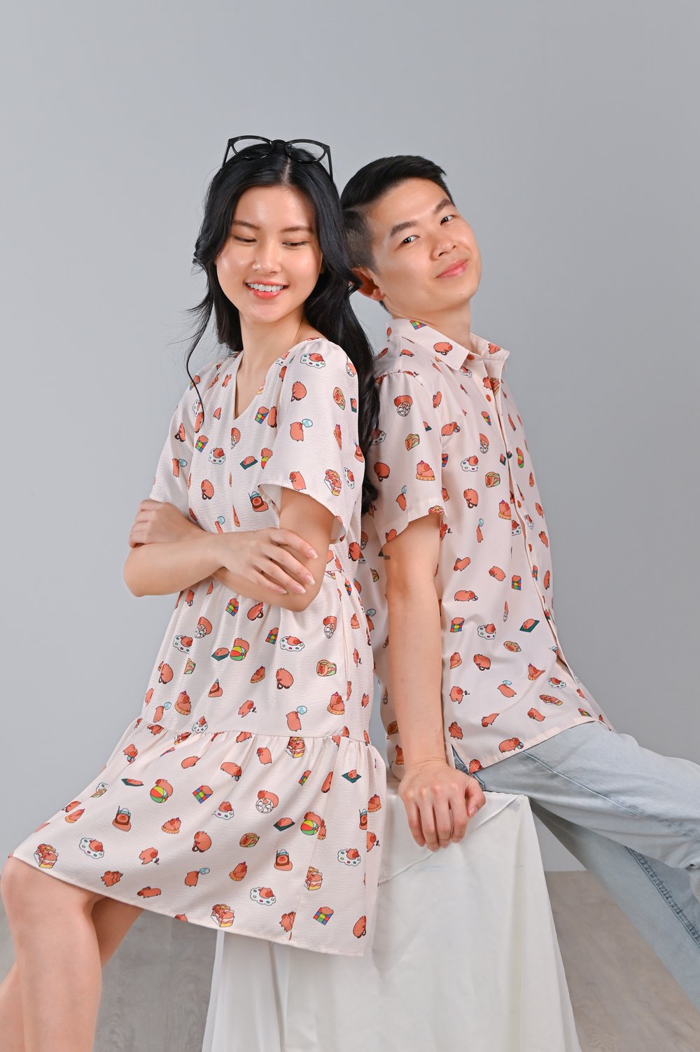 CUTE CAPYBARA V-NECK BABYDOLL DRESS