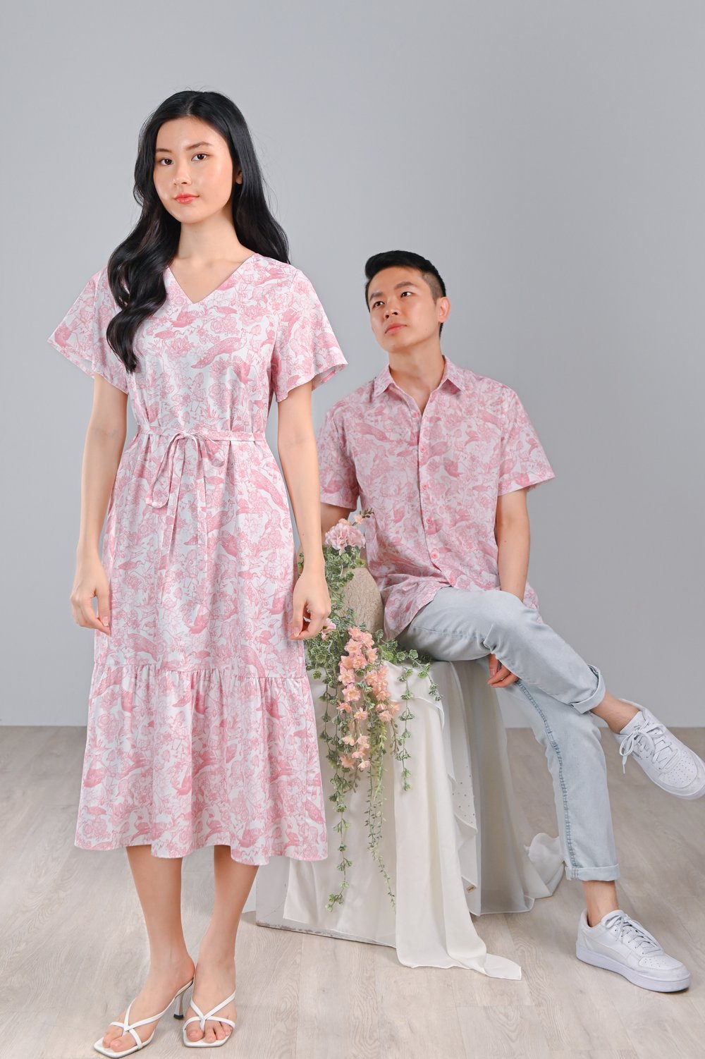 PINK FEATHERED TALES SLEEVED DROPWAIST MIDI DRESS