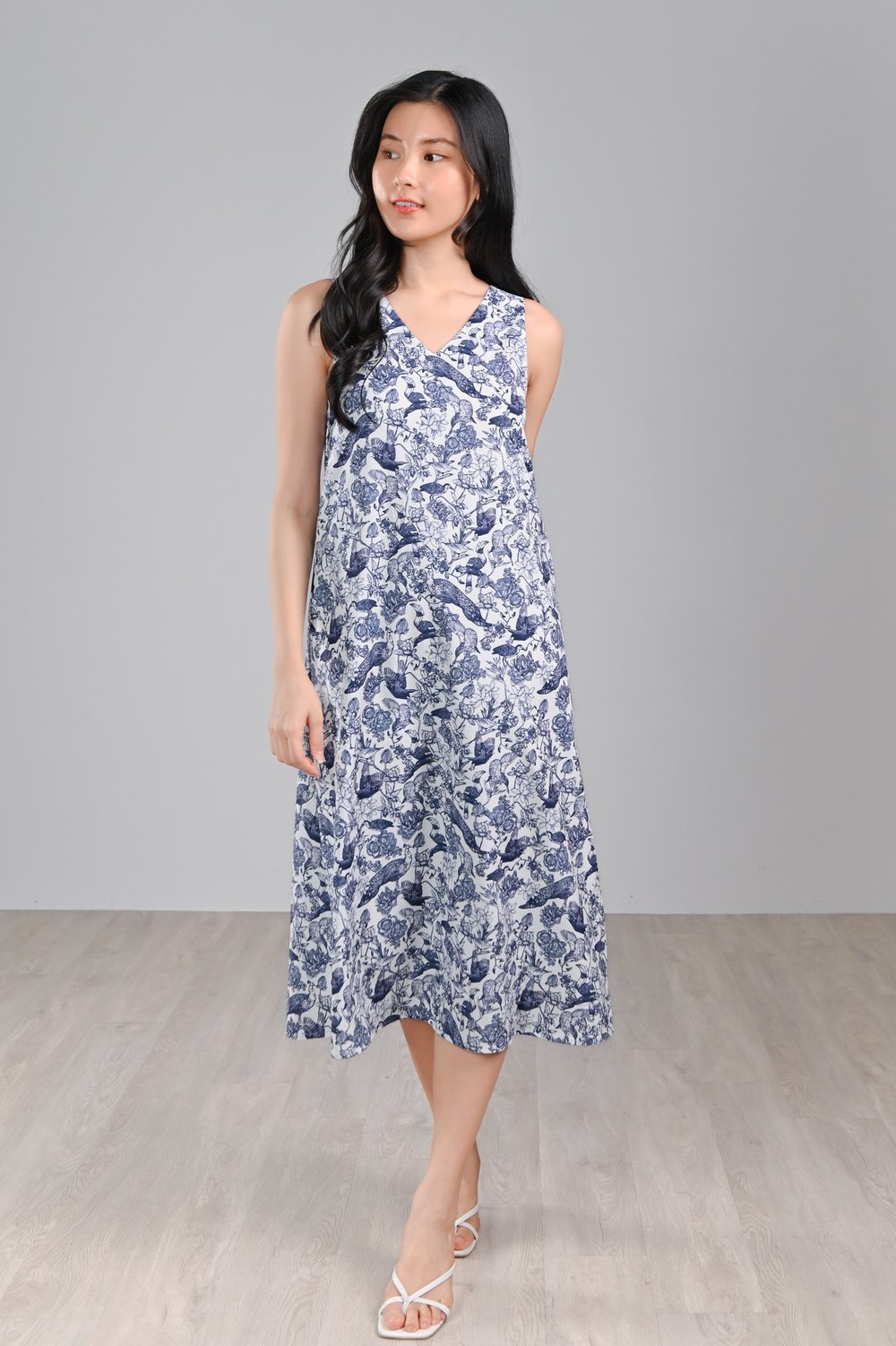 NAVY FEATHERED TALES TWO-WAY MIDI DRESS