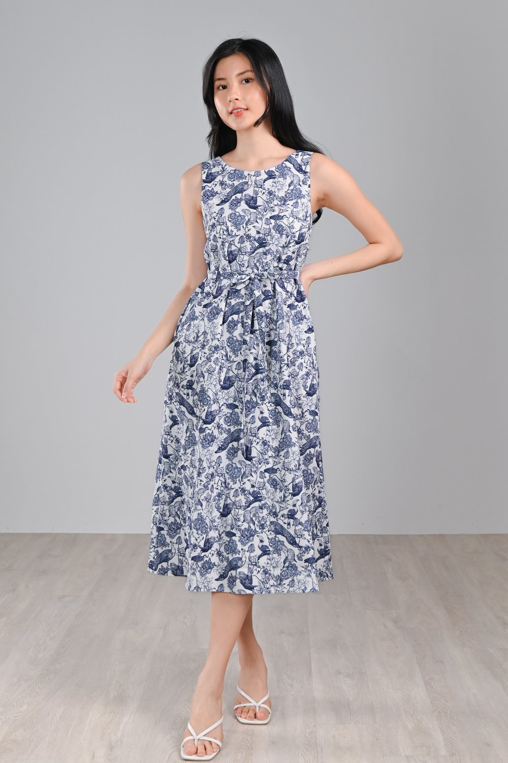 NAVY FEATHERED TALES TWO-WAY MIDI DRESS