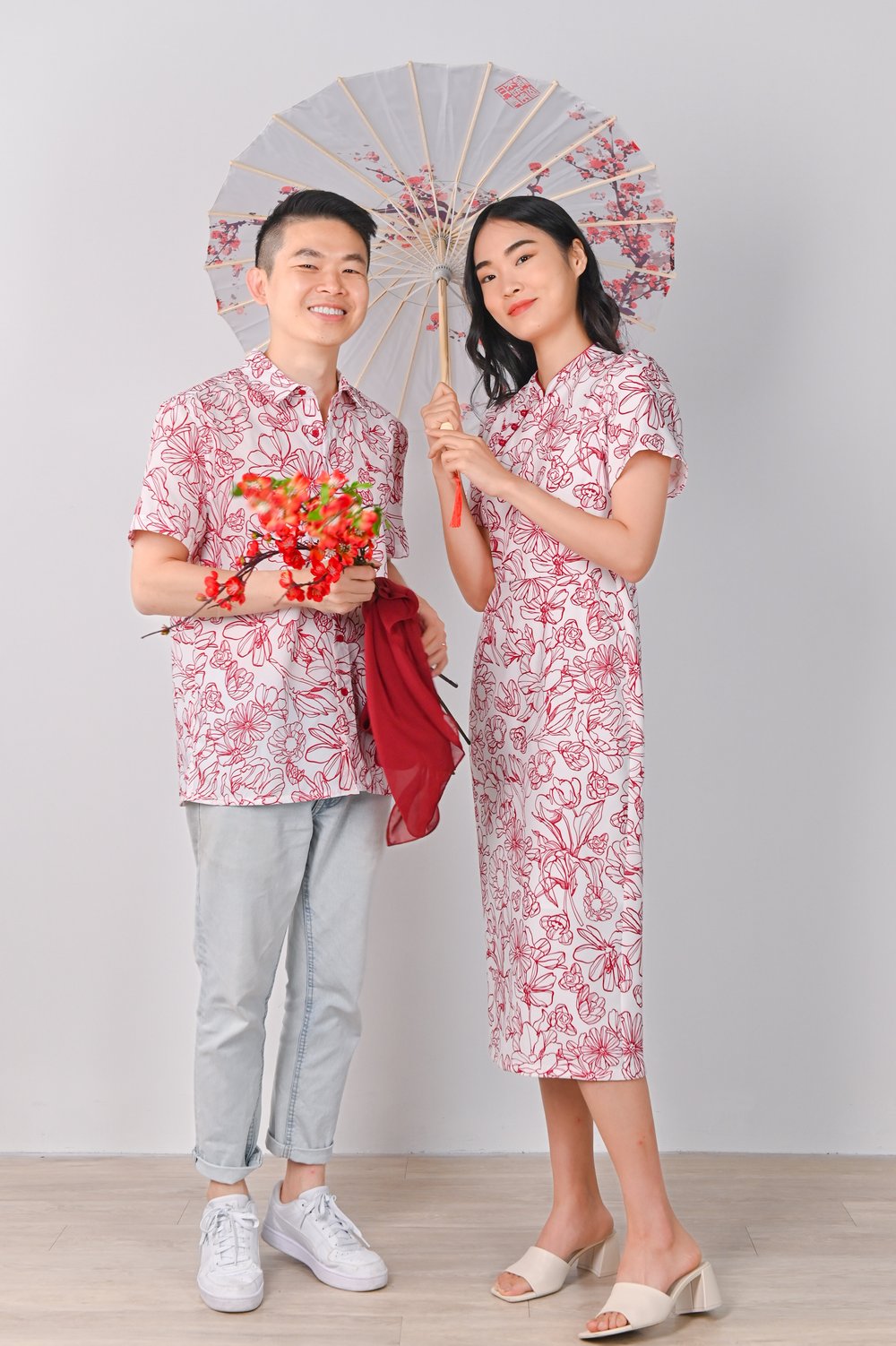 RED SKETCHED FLORALS PENCIL CHEONGSAM