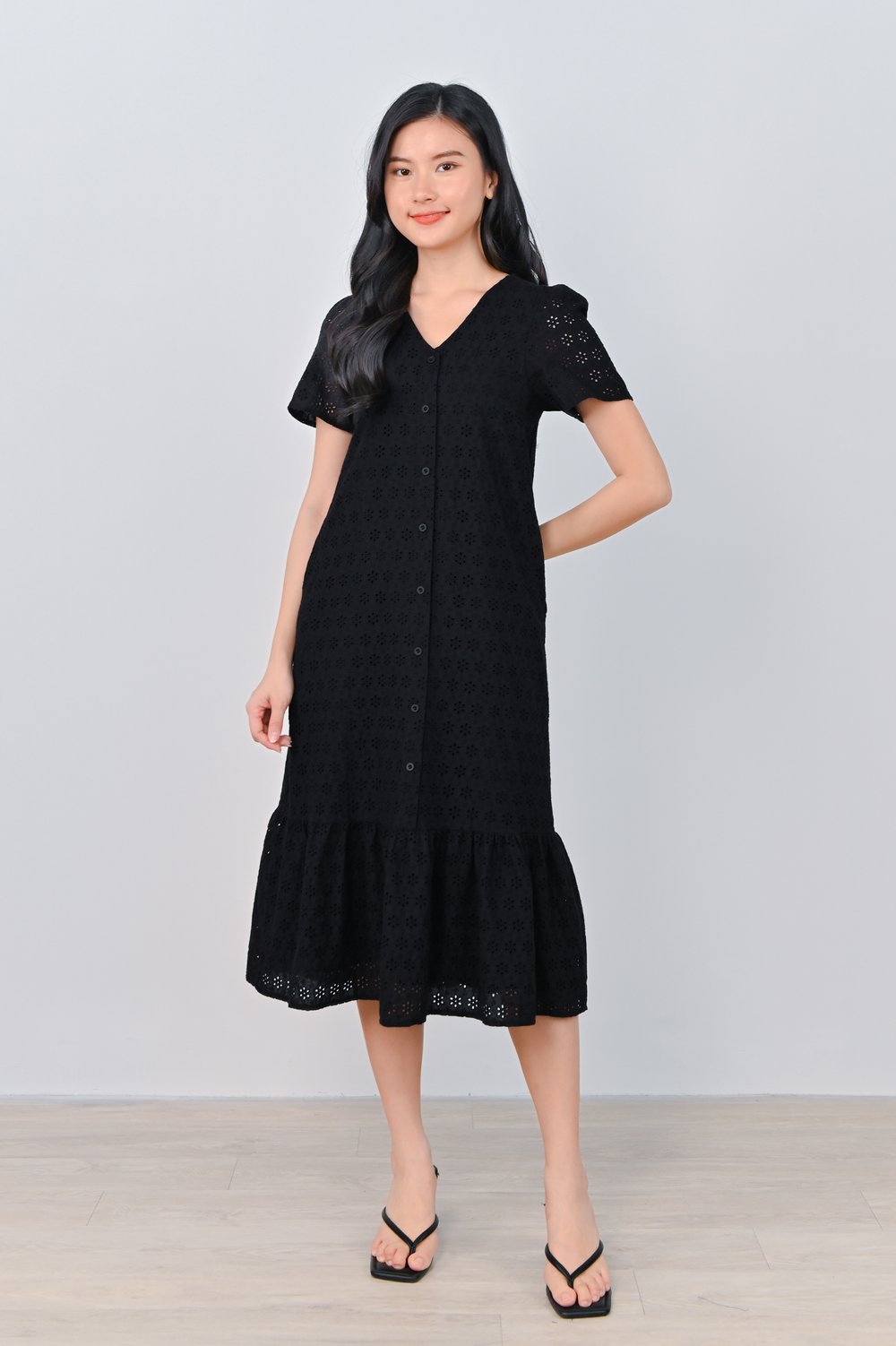 AIKO EYELET BUTTON DRESS IN BLACK