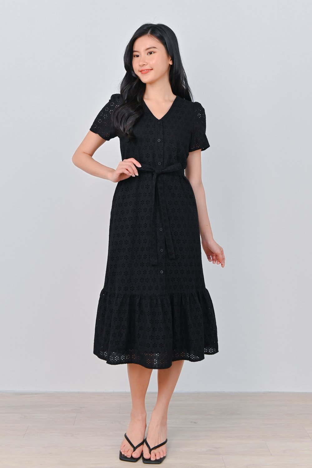 AIKO EYELET BUTTON DRESS IN BLACK