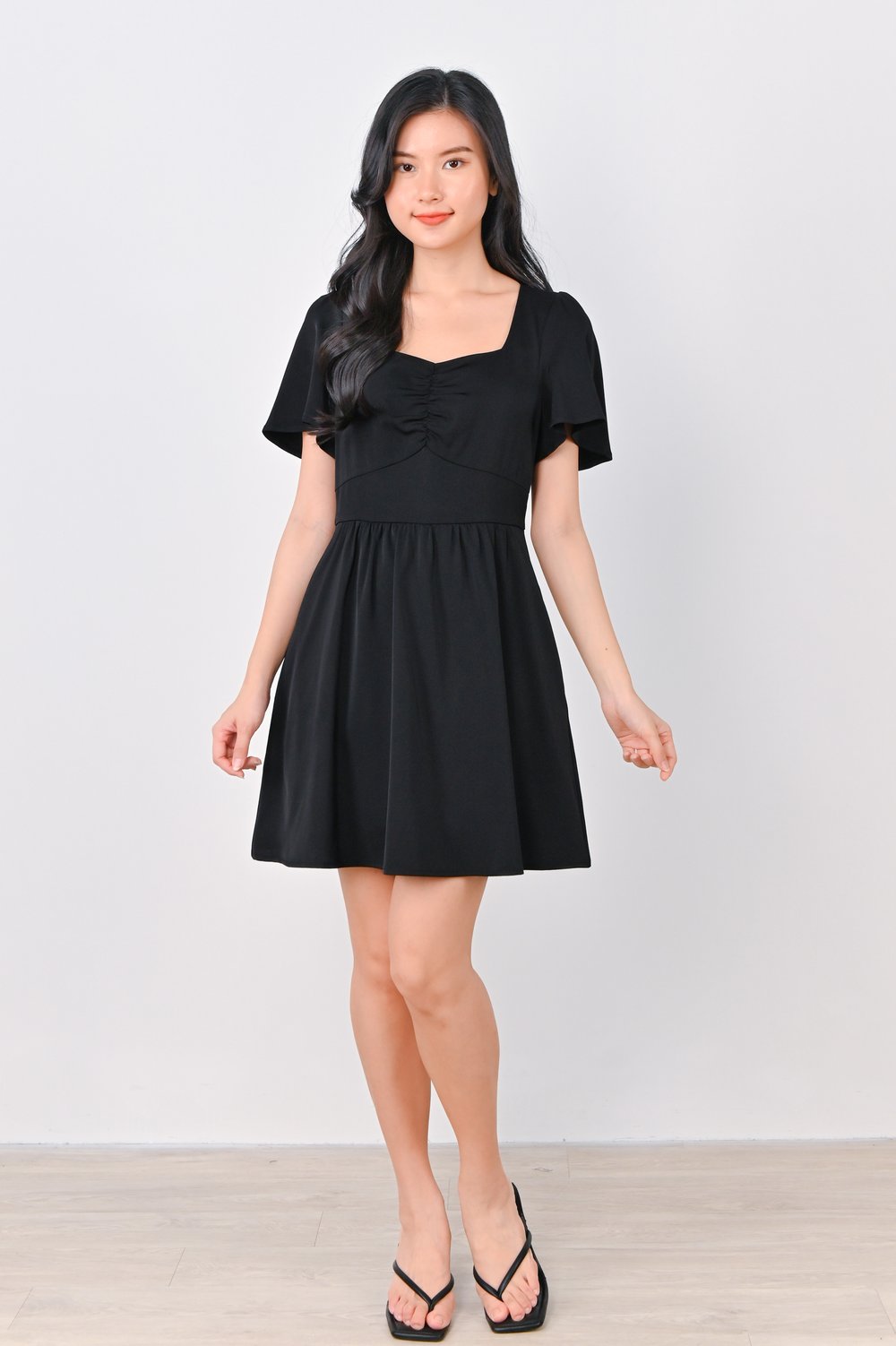 GAYLE SWEETHEART RUCHED DRESS-ROMPER IN BLACK