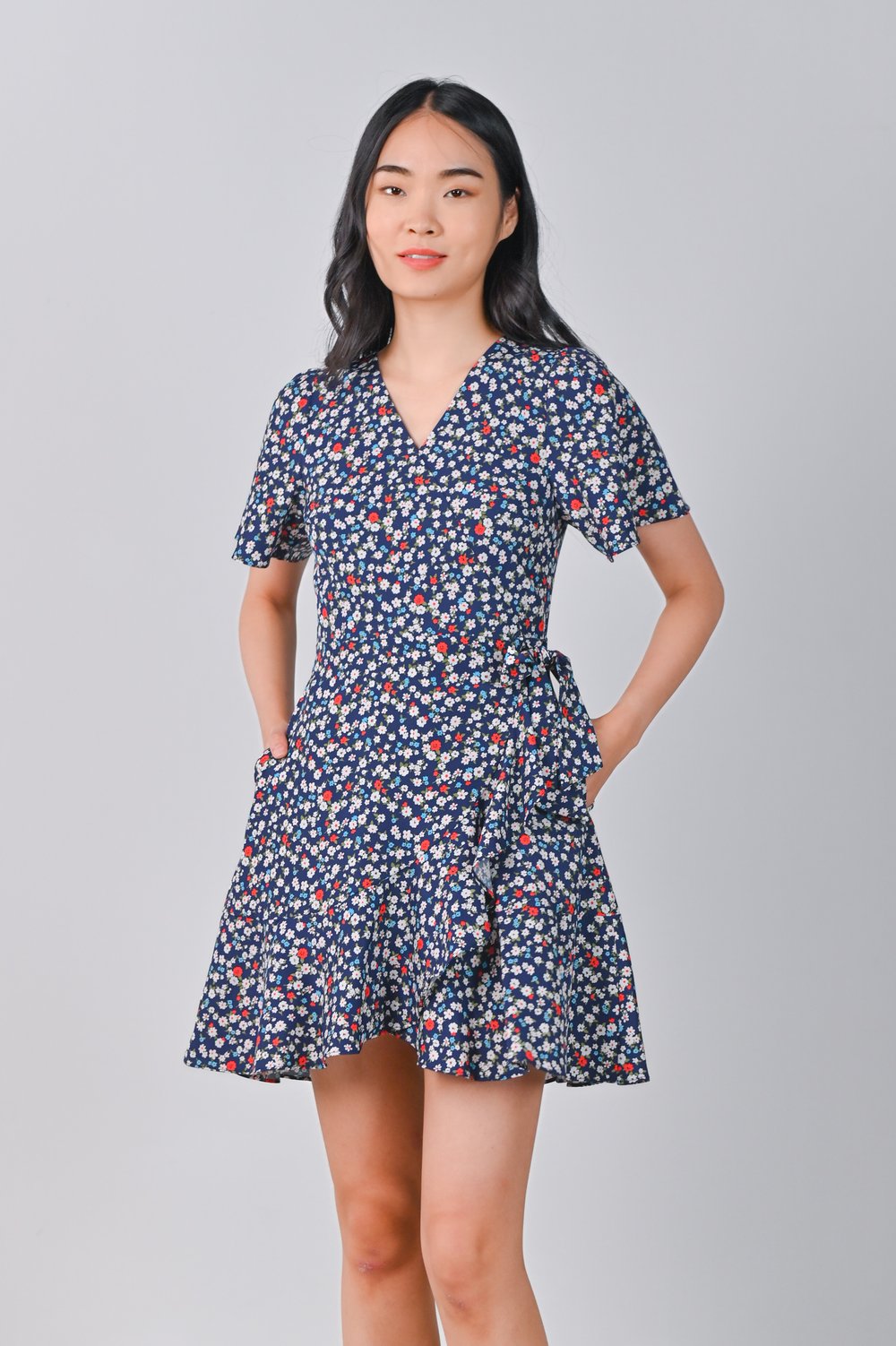 COOPER RUFFLE DRESS-ROMPER IN BLUE FLORAL