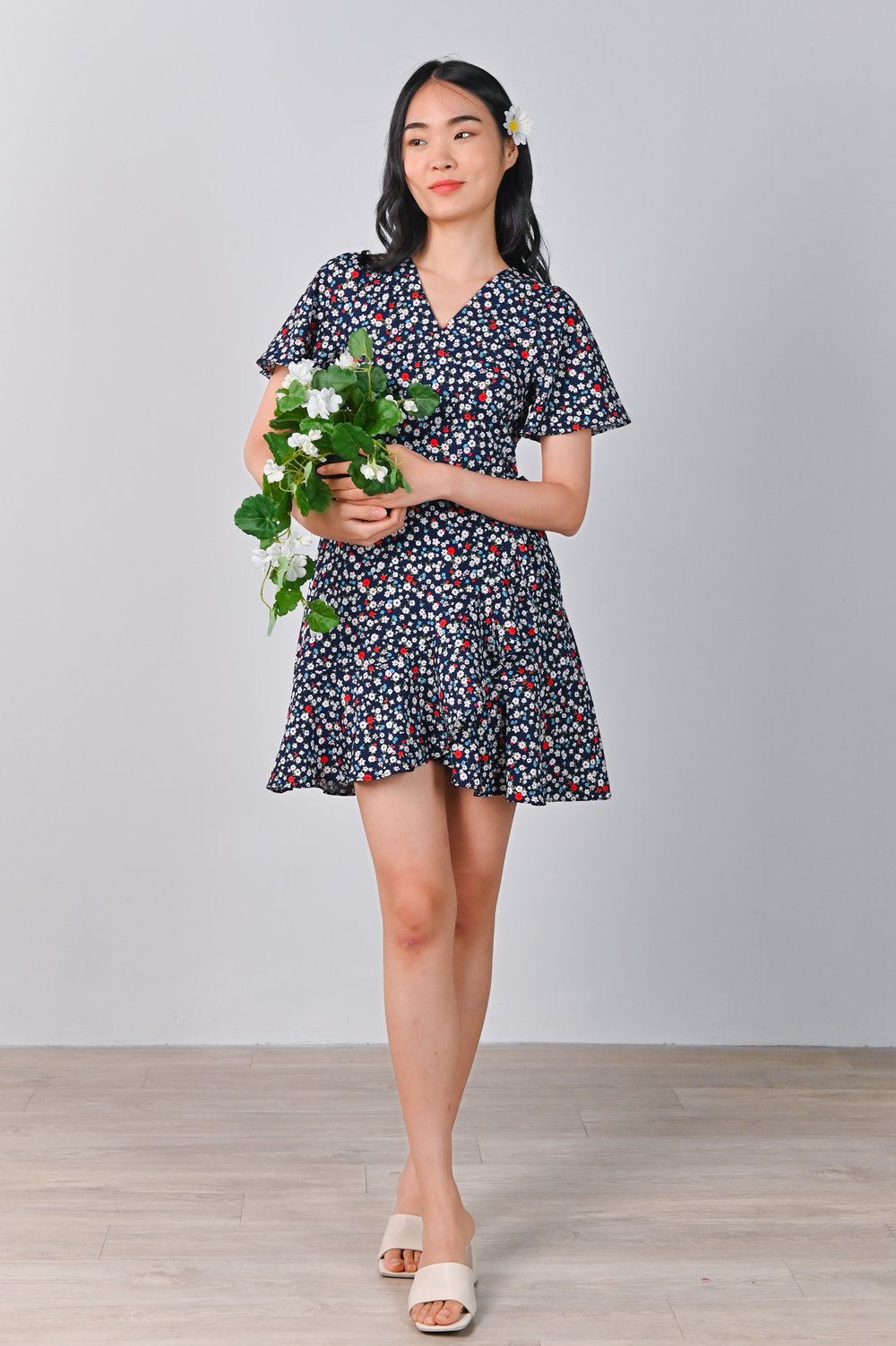 COOPER RUFFLE DRESS-ROMPER IN BLUE FLORAL
