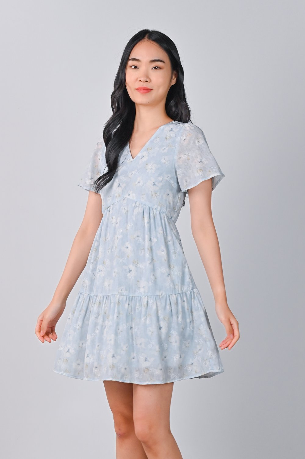 ODELYA FLORAL SLEEVED DRESS IN BLUE