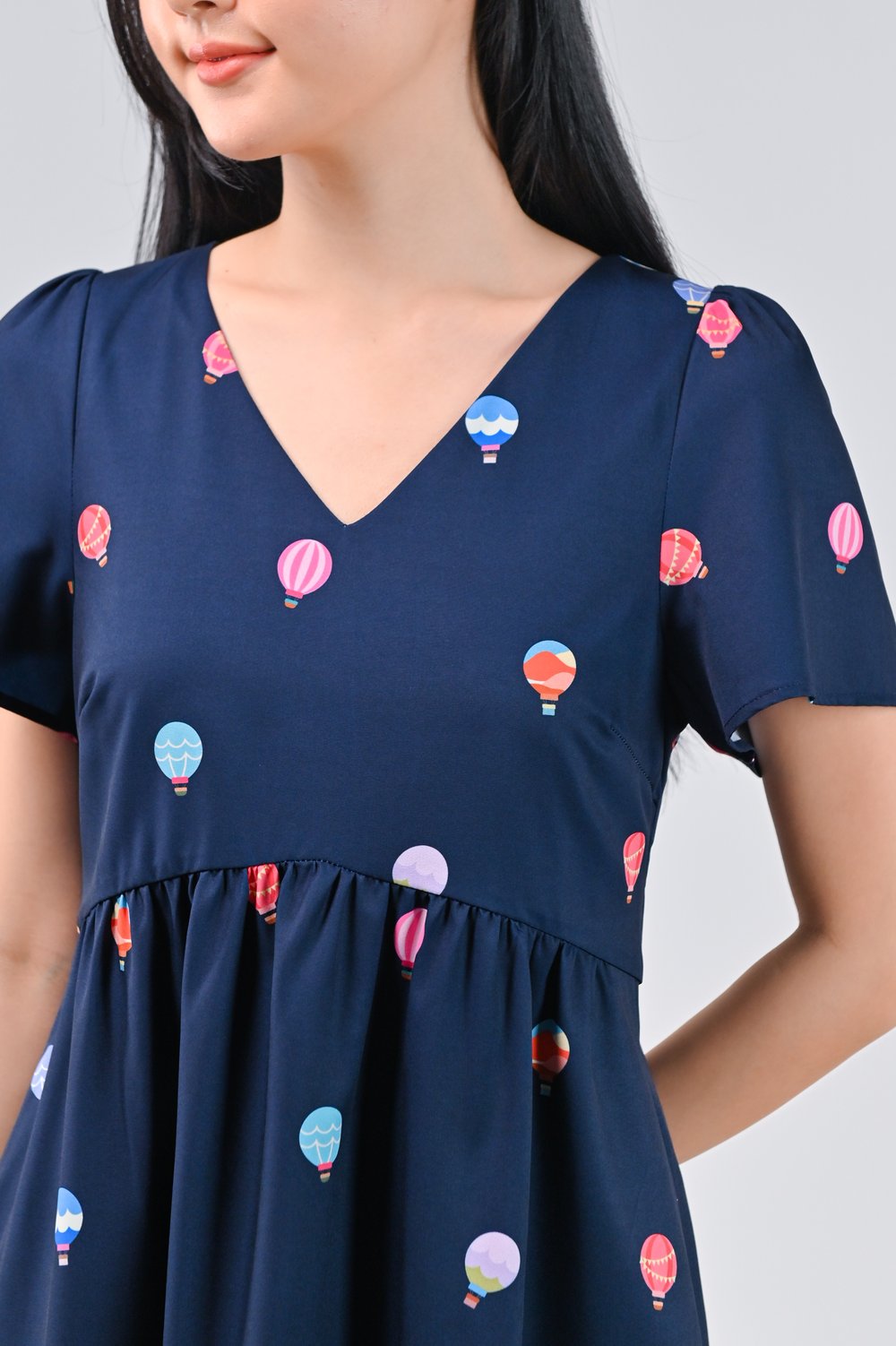HOT AIR BALLOON NAVY CURVED-WAIST FLOUNCE DRESS