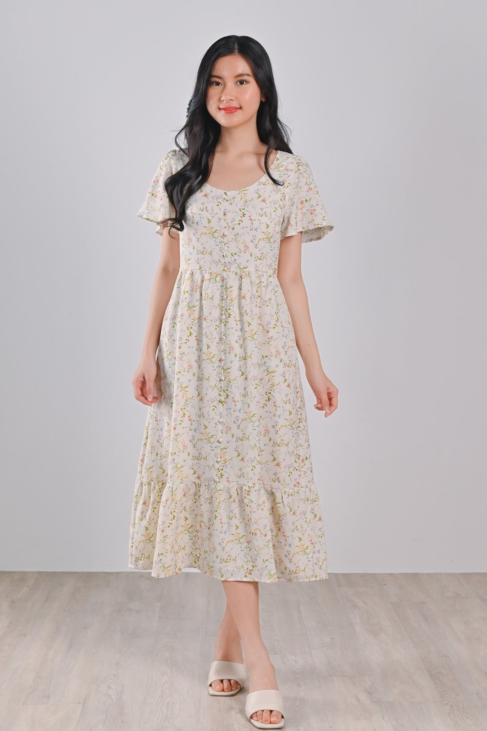 UMA CREAM FLORAL SCOOP-NECK DRESS