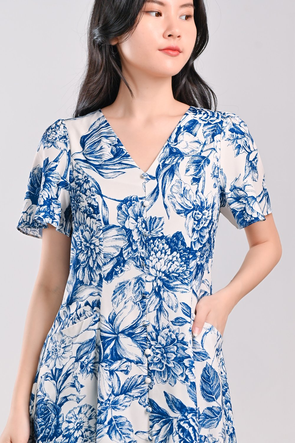 ERLA BLUE TOILE SLEEVED BUTTON DRESS