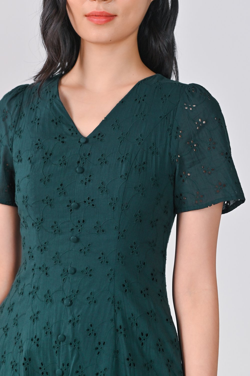 LUNARIA EYELET SLEEVED BUTTON DRESS IN FOREST
