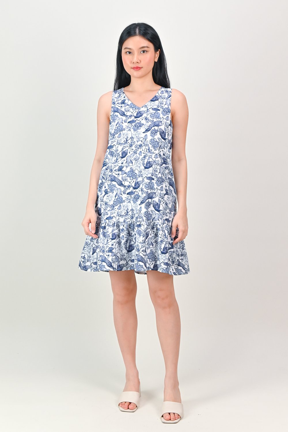 NAVY FEATHERED TALES V-NECK DROPWAIST DRESS