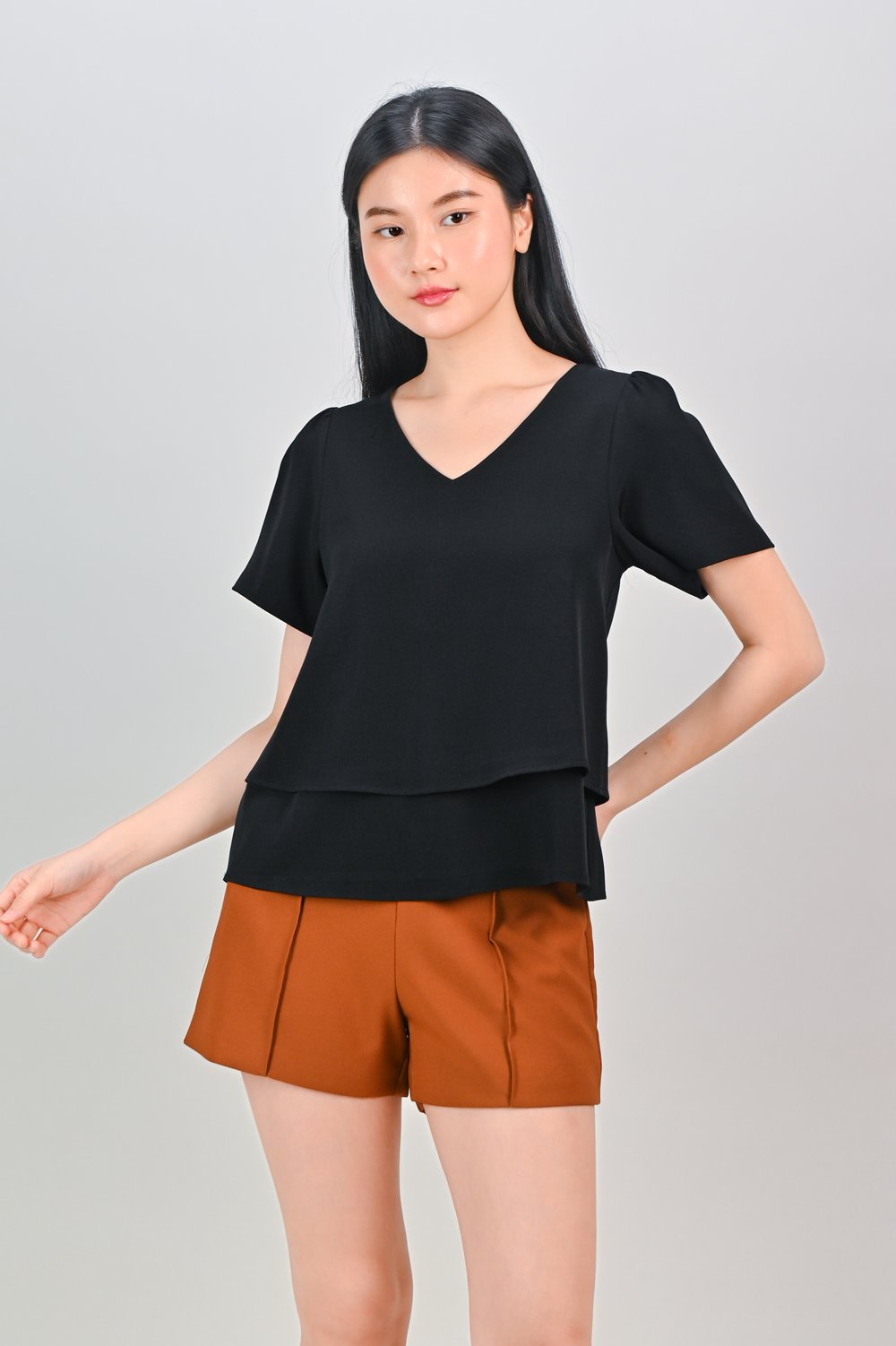 PEIPEI SLEEVED LAYERED TOP IN BLACK