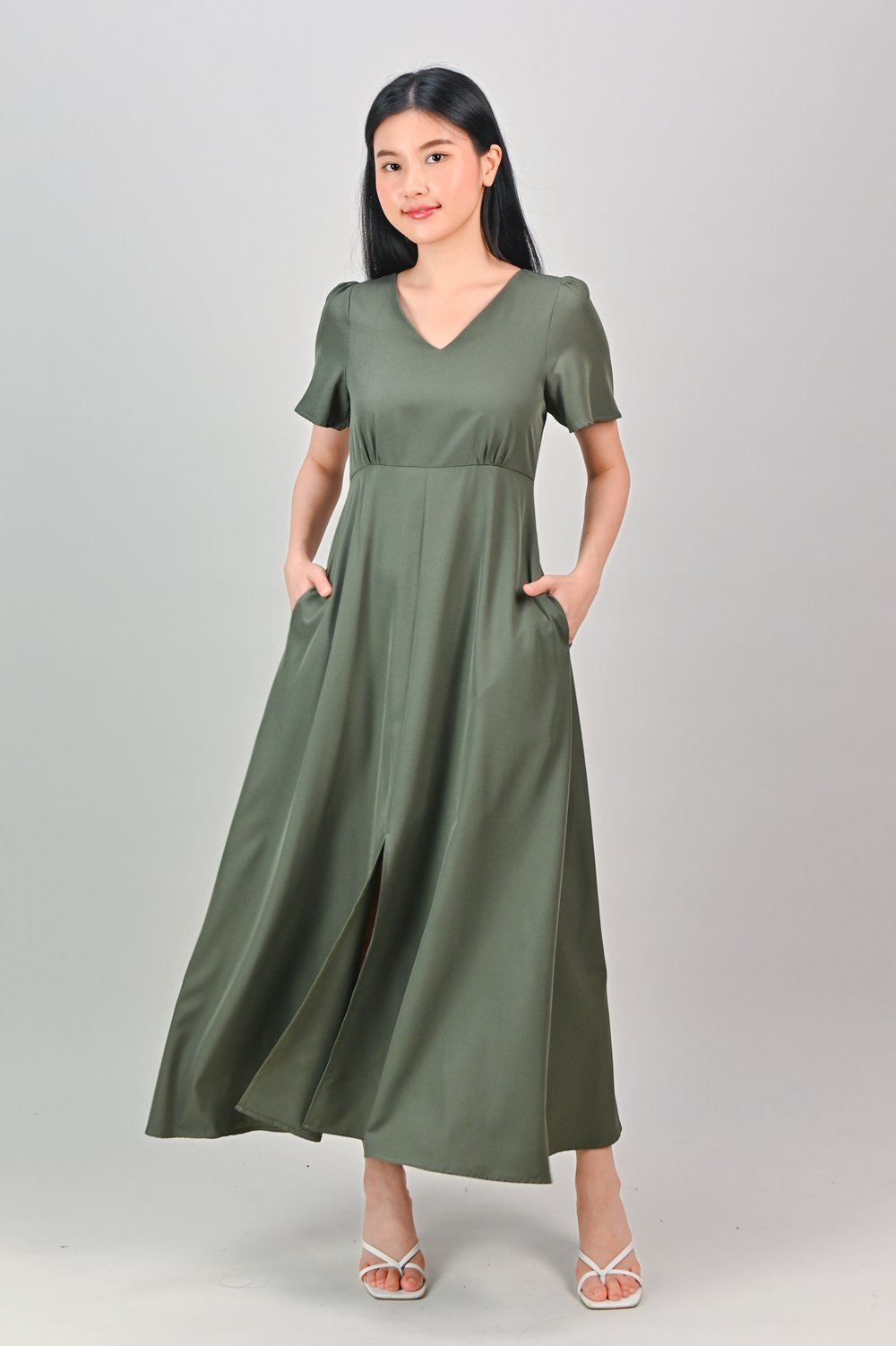 OONA CENTRE-SLIT MAXI DRESS IN GREEN