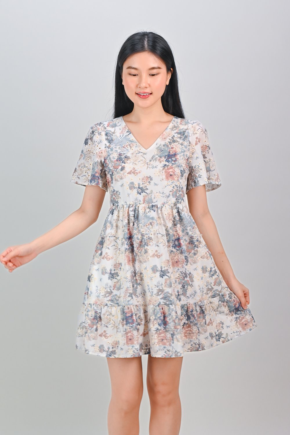 NEWILDA FLORAL EYELET V-NECK DRESS