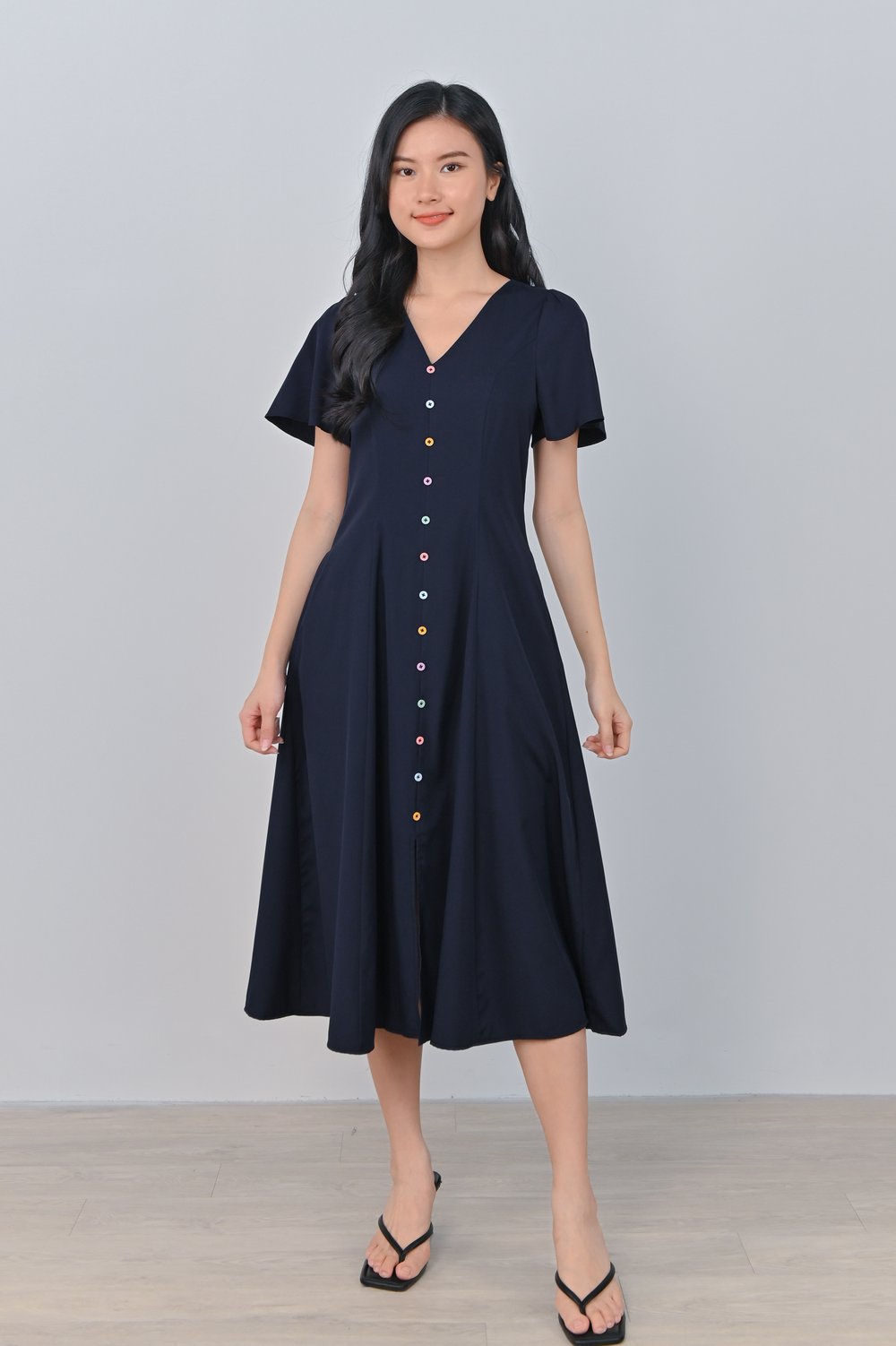 SKENA COLOURFUL-BUTTON SLEEVED MIDI DRESS IN NAVY