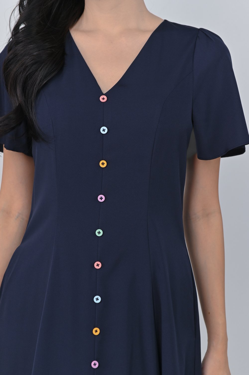 SKENA COLOURFUL-BUTTON SLEEVED MIDI DRESS IN NAVY