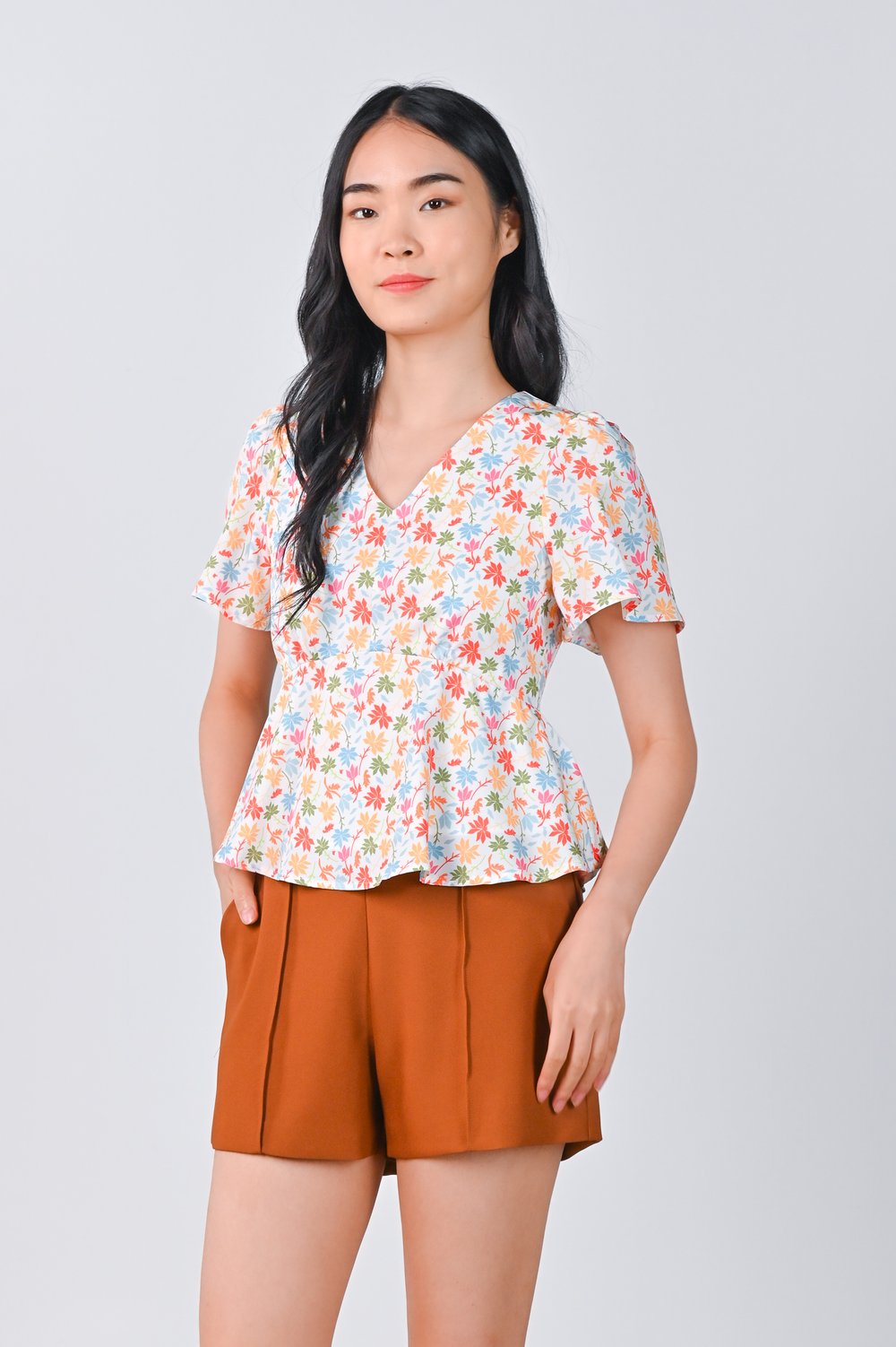 ATHOL LEAVES SLEEVED PEPLUM TOP