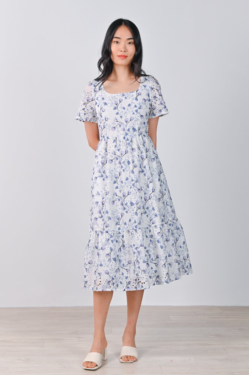IMARAN FLORAL EYELET SLEEVED MIDI DRESS