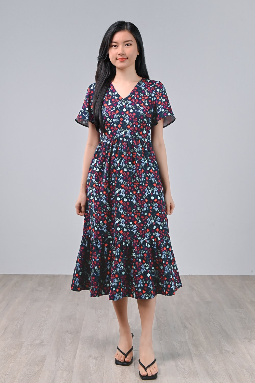 ELYSIAN BLOOMS SLEEVED TIERED MIDI DRESS