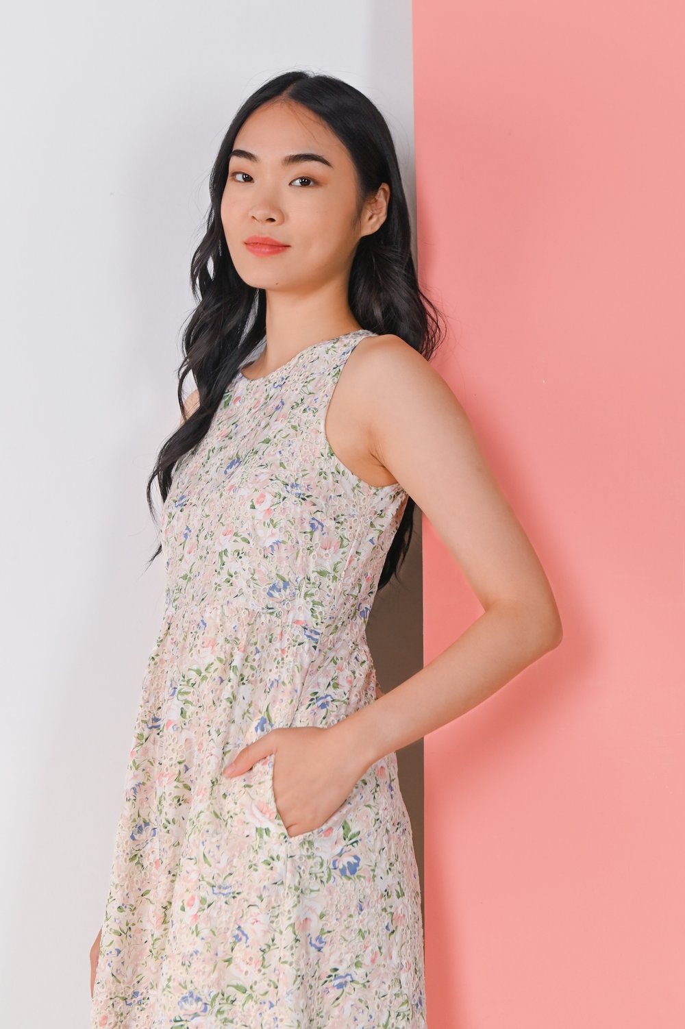 MAJA PINK FLORAL EYELET SLEEVELESS DRESS