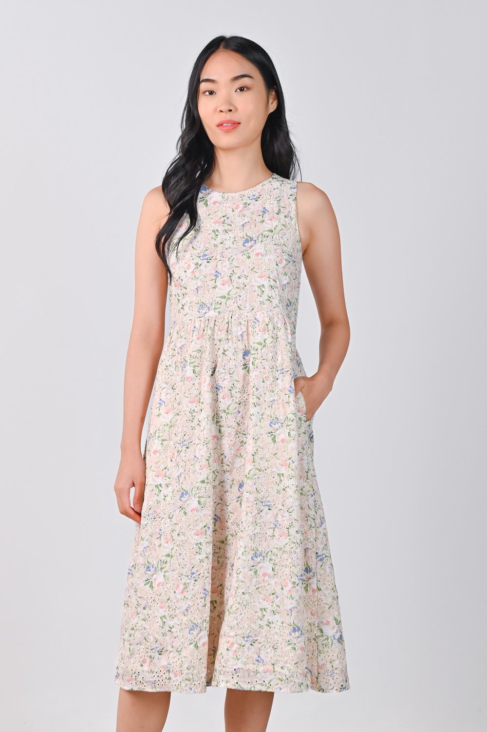 MAJA PINK FLORAL EYELET SLEEVELESS DRESS
