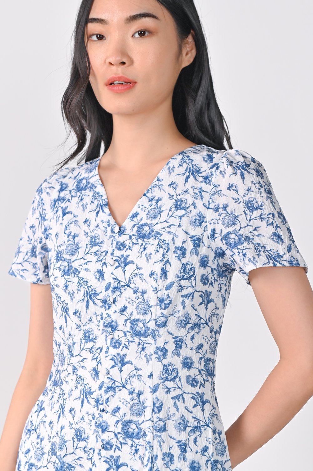 ANTIQUE TOILE SLEEVED BUTTON MIDI DRESS