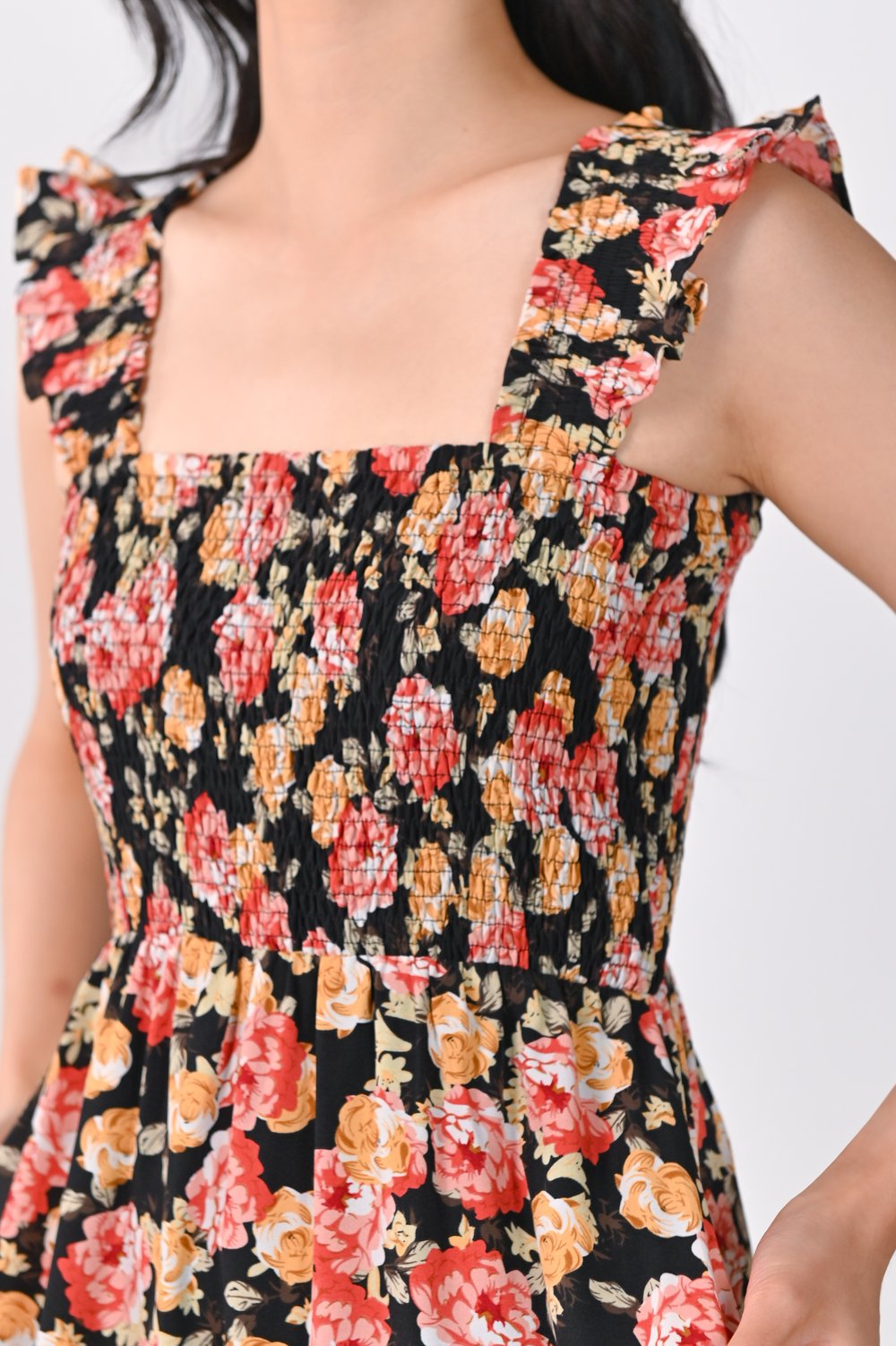 EILEEN FLORAL SMOCKED DRESS IN BLACK