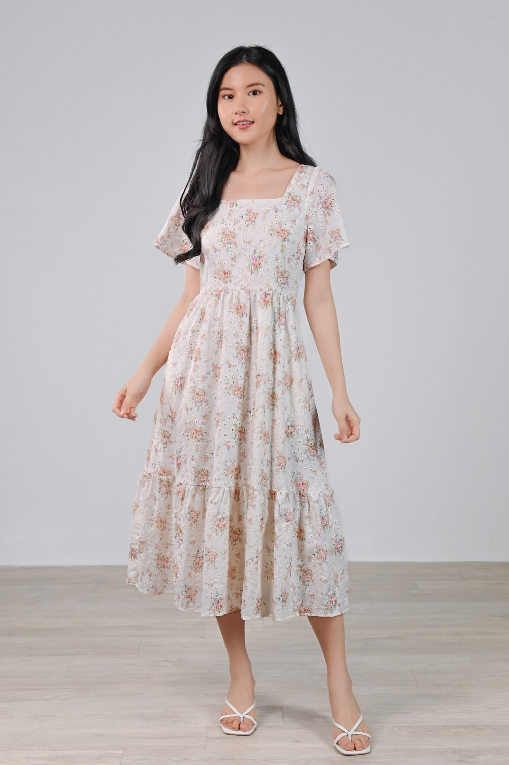 KENIE EYELET FLORAL SQUARE-NECK SLEEVED DRESS