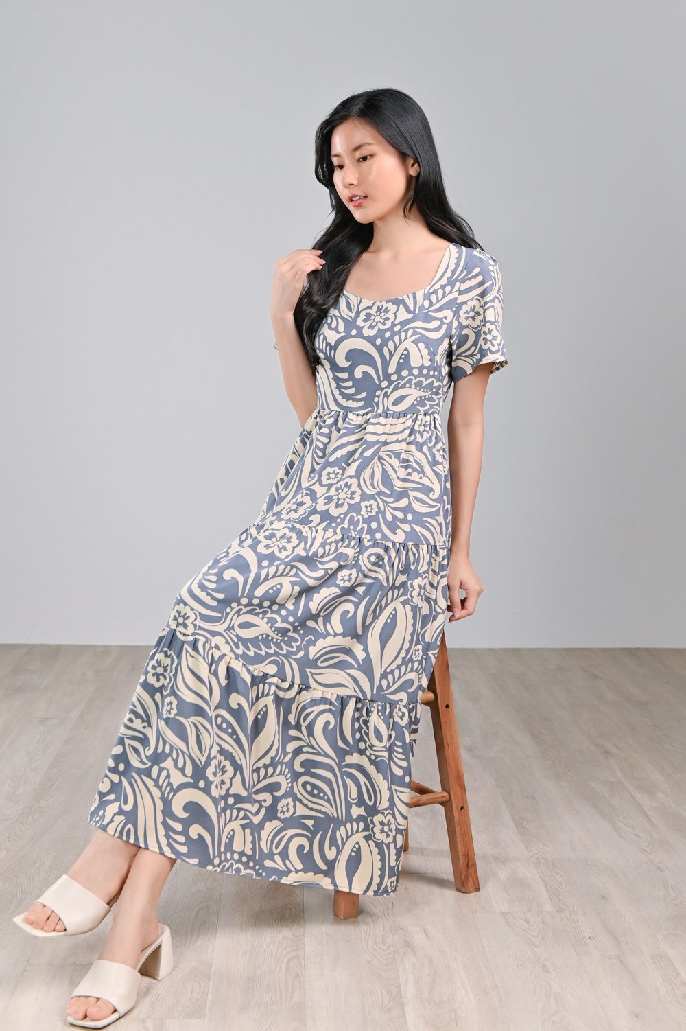 BALMANY ABSTRACT TIERED MIDAXI DRESS