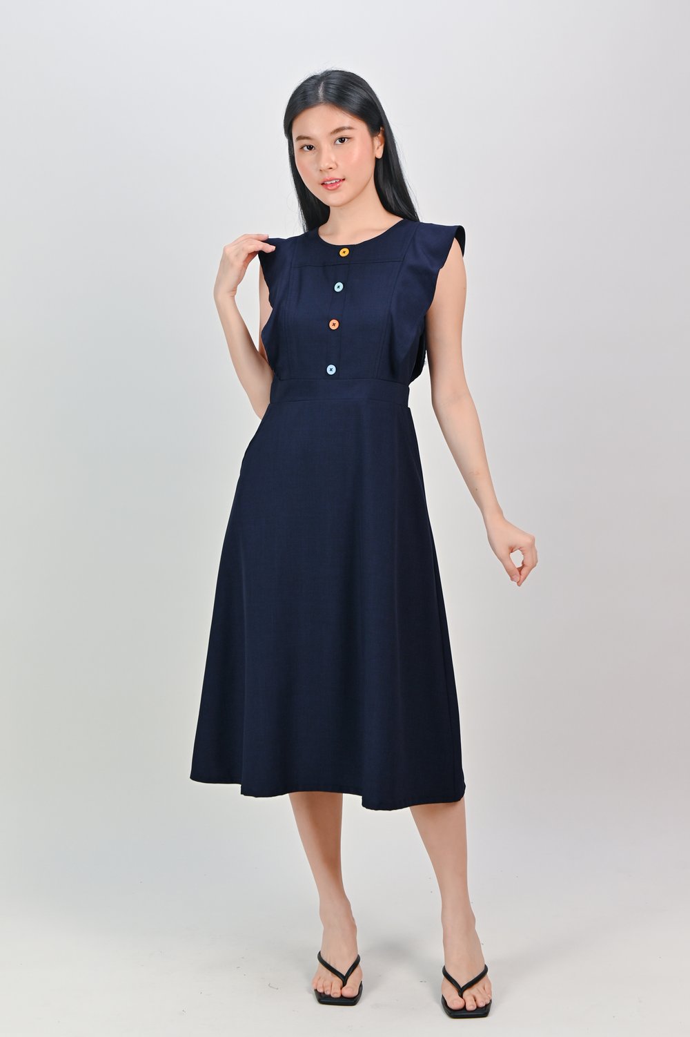 EUGENYA NAVY BUTTON DRESS