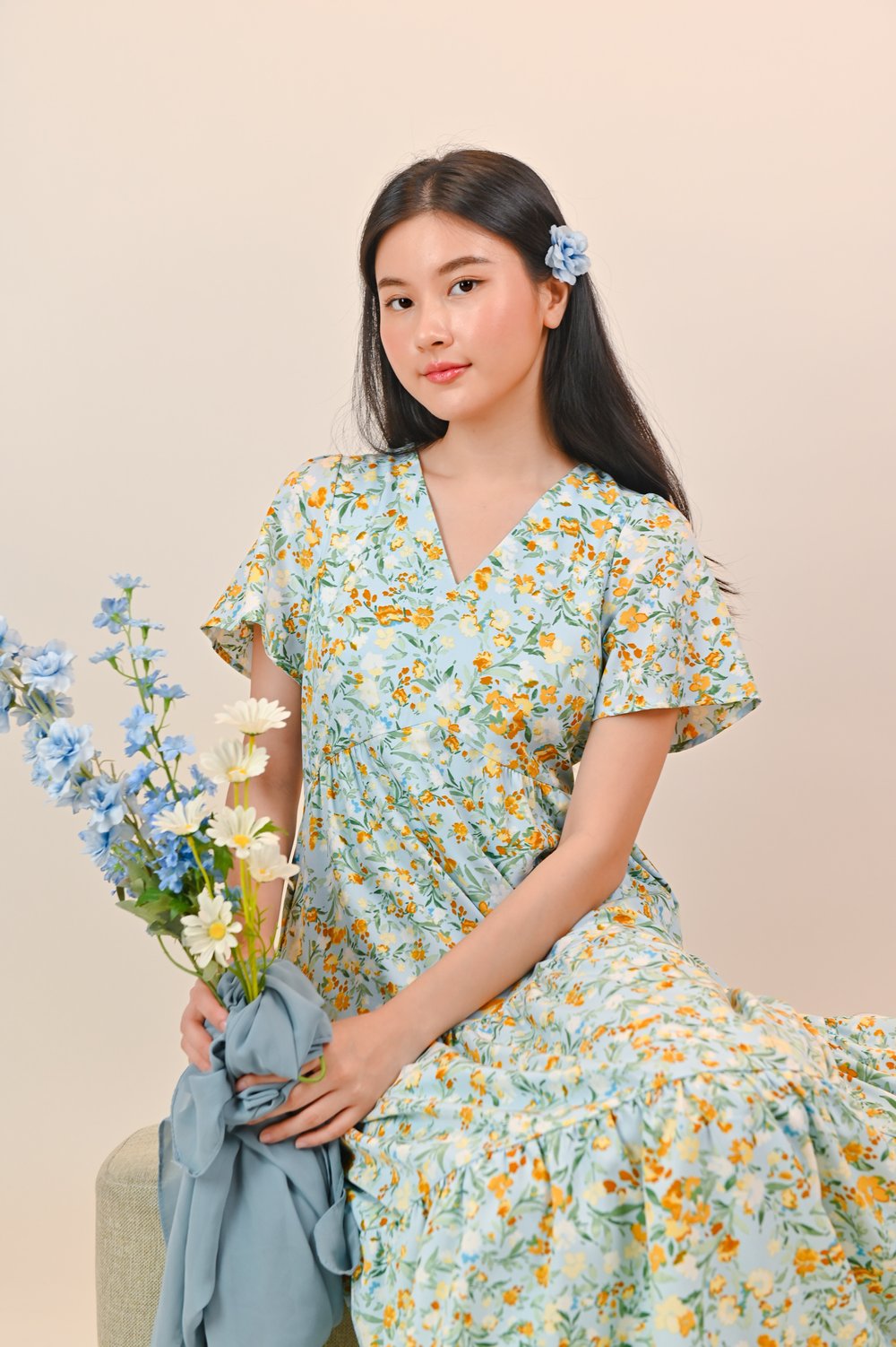 JOPLIN FLORAL SLEEVED TIERED MIDAXI IN BLUE