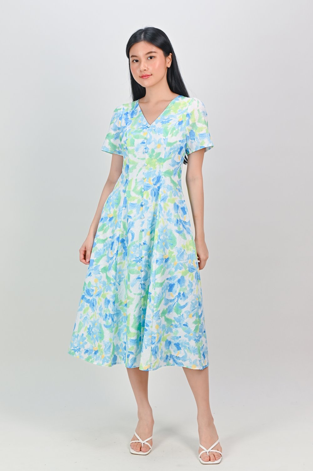 SINDY BLUE-GREEN SLEEVED BUTTON MIDI DRESS
