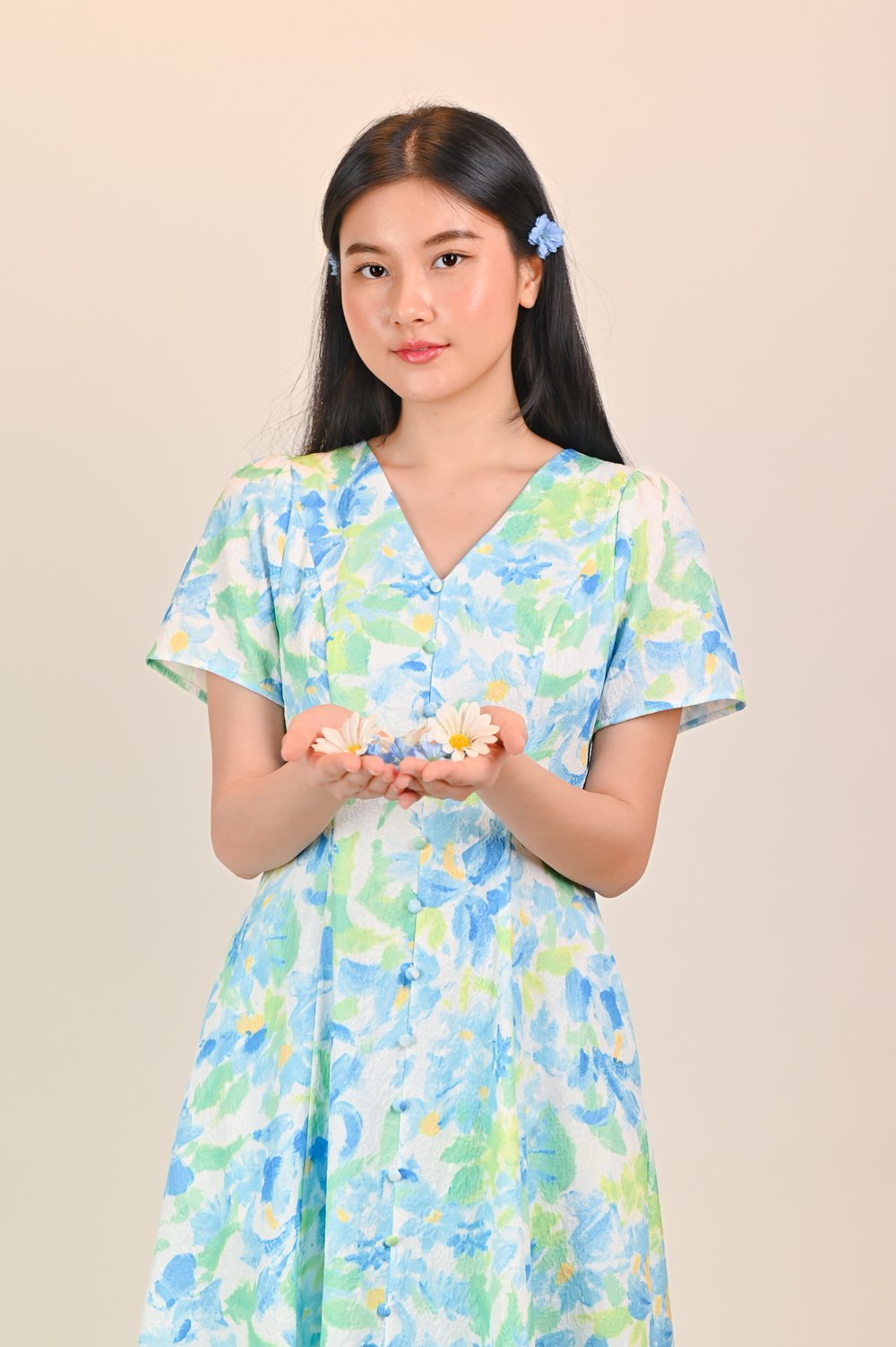 SINDY BLUE-GREEN SLEEVED BUTTON MIDI DRESS