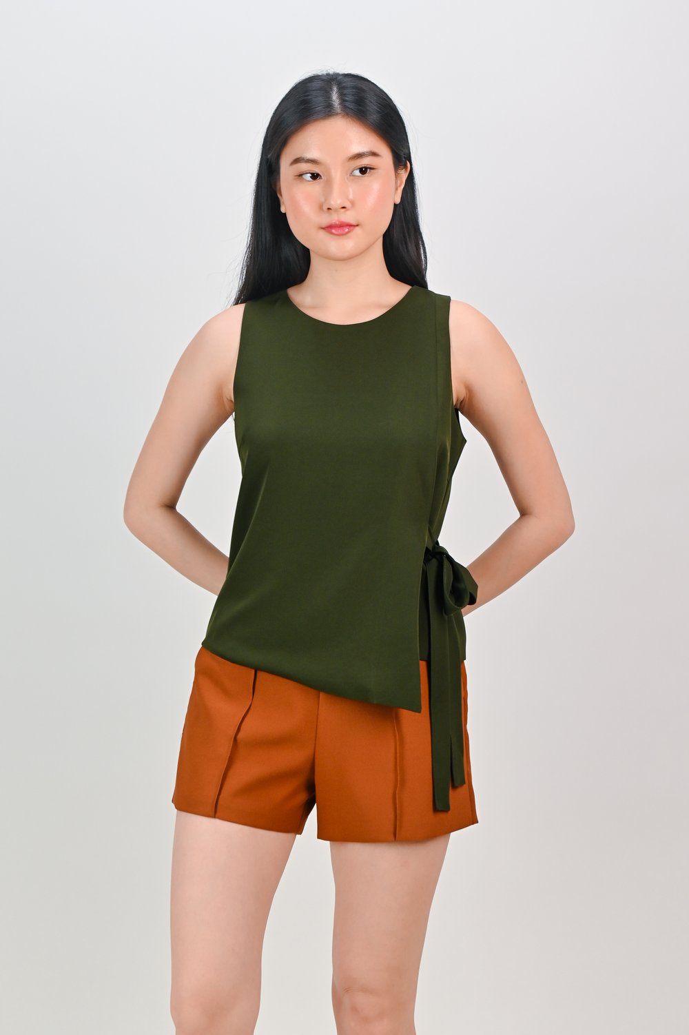 NADIA SLEEVELESS SIDE-TIE TOP IN OLIVE