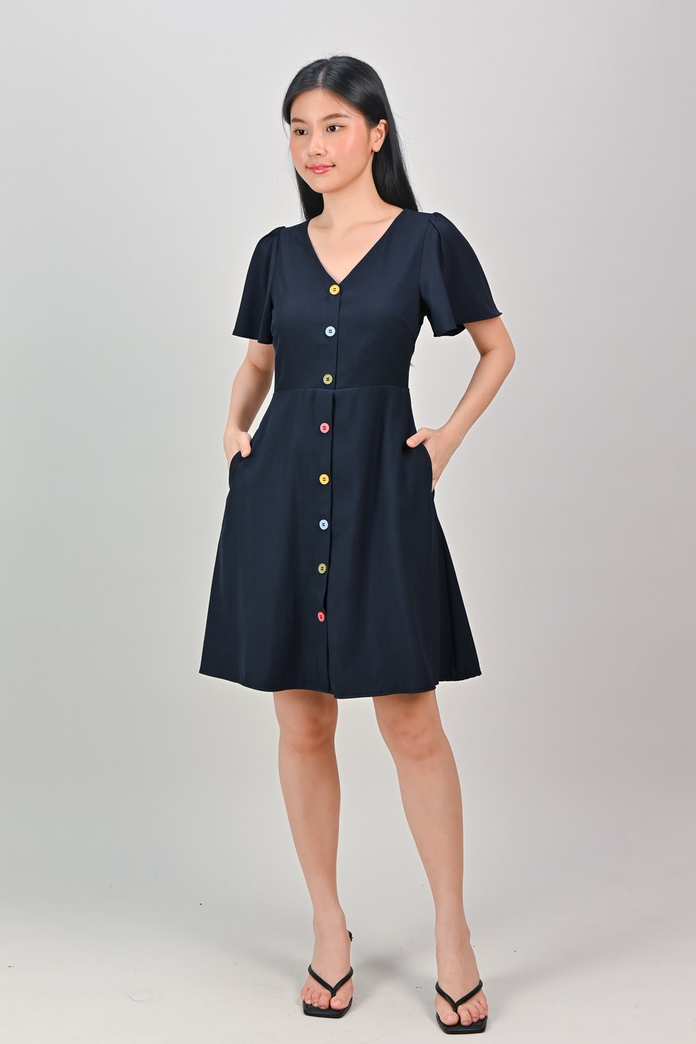 DURIE COLOURFUL-BUTTON DRESS IN NAVY