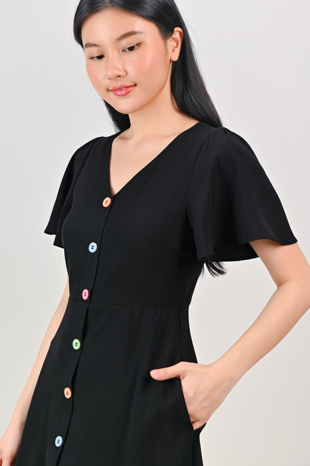 DURIE COLOURFUL-BUTTON DRESS IN BLACK