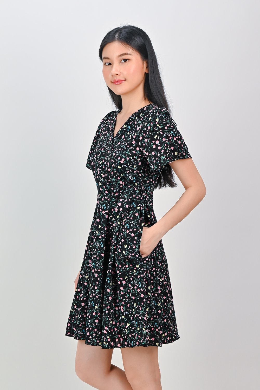 NERINE BLACK FLORAL FAUX-WRAP DRESS