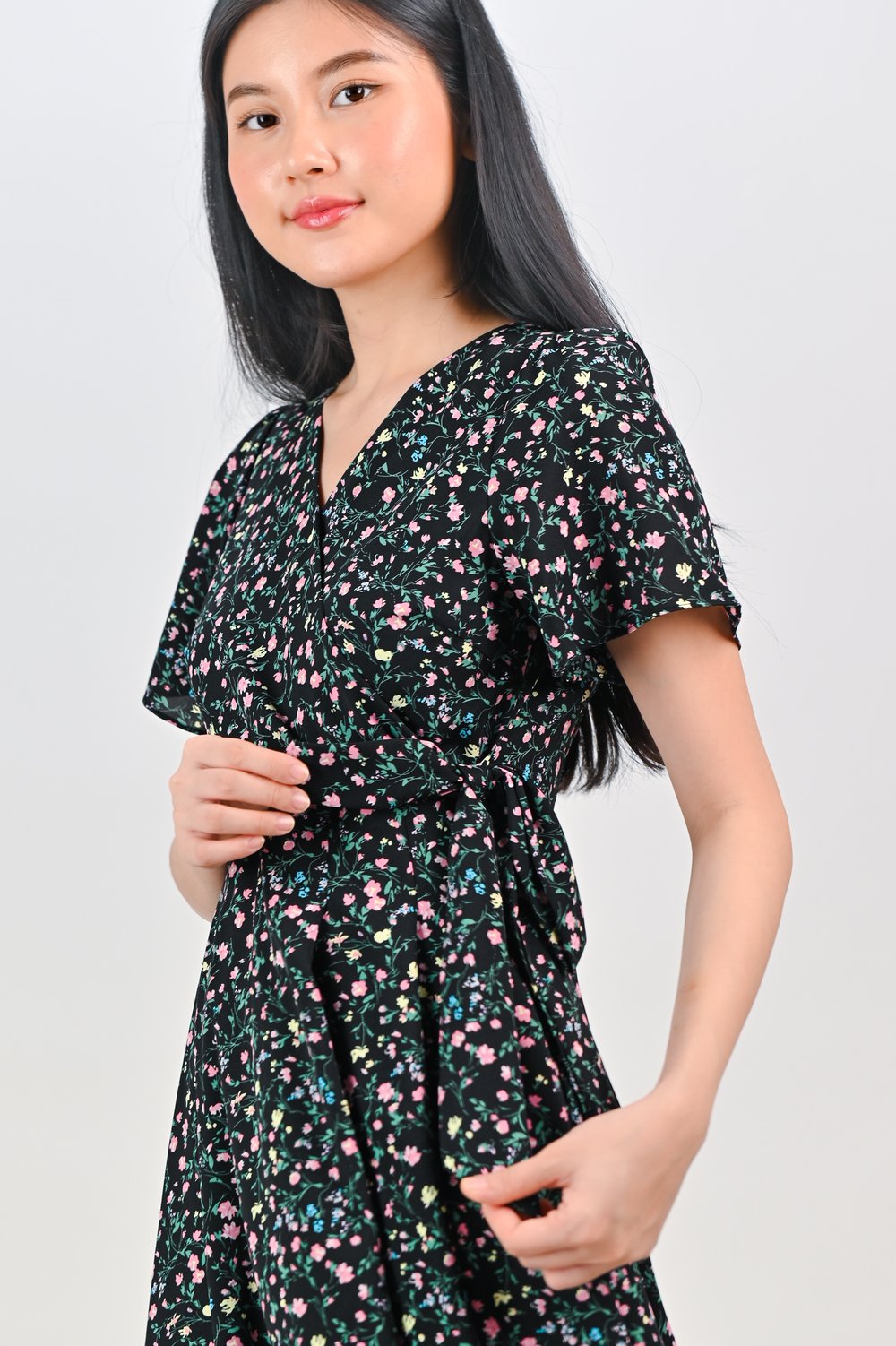 NERINE BLACK FLORAL FAUX-WRAP DRESS