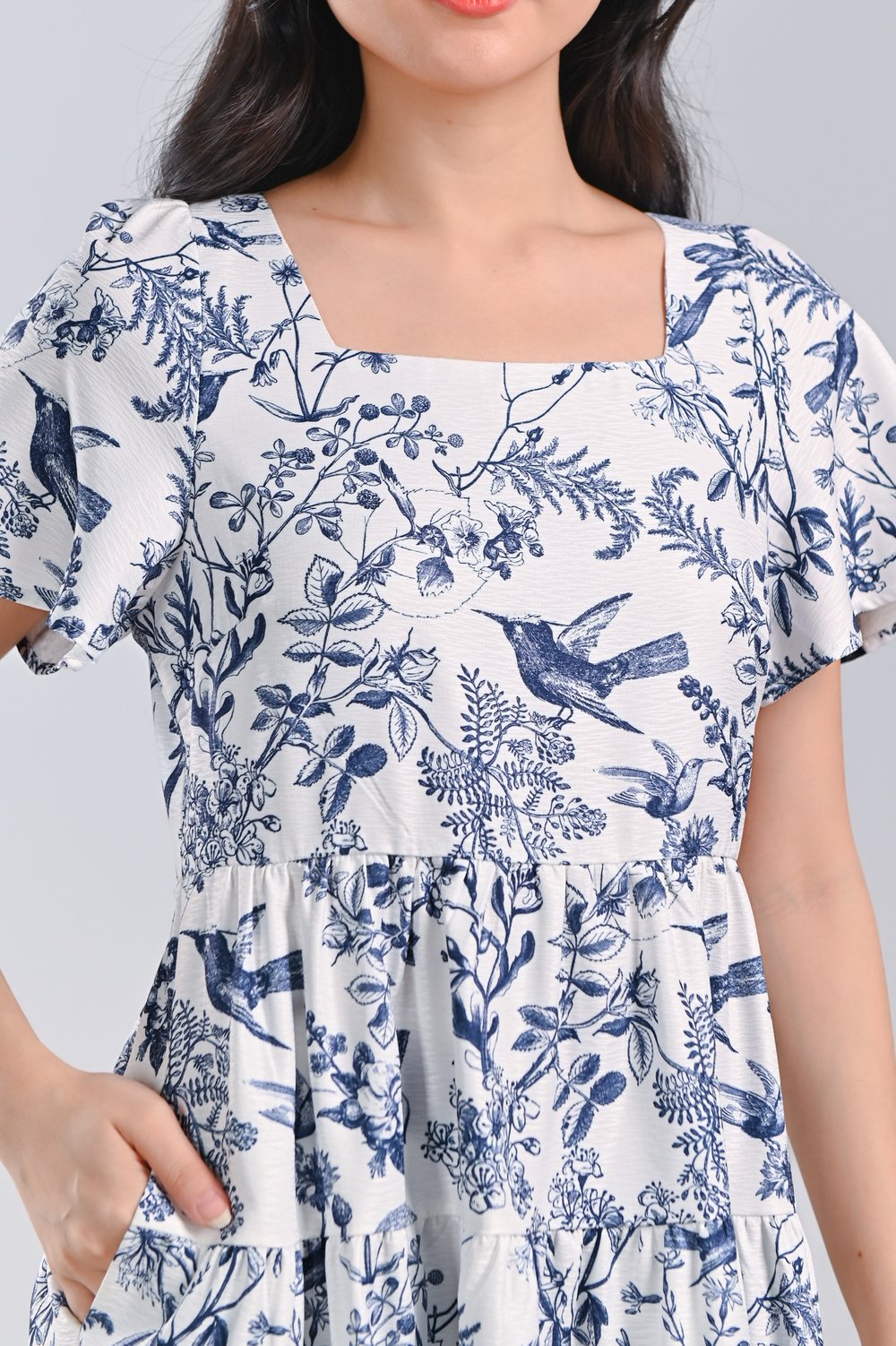 NAVY HUMMINGBIRD SQUARE-NECK BABYDOLL DRESS