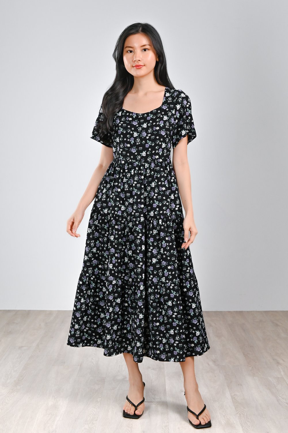 BALMIN BLACK FLORAL TIERED MIDAXI DRESS