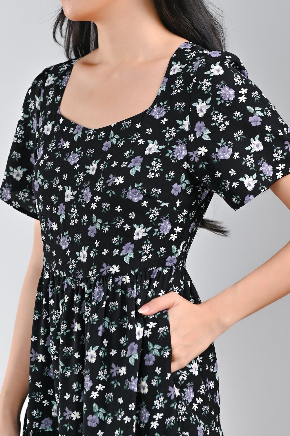 BALMIN BLACK FLORAL TIERED MIDAXI DRESS