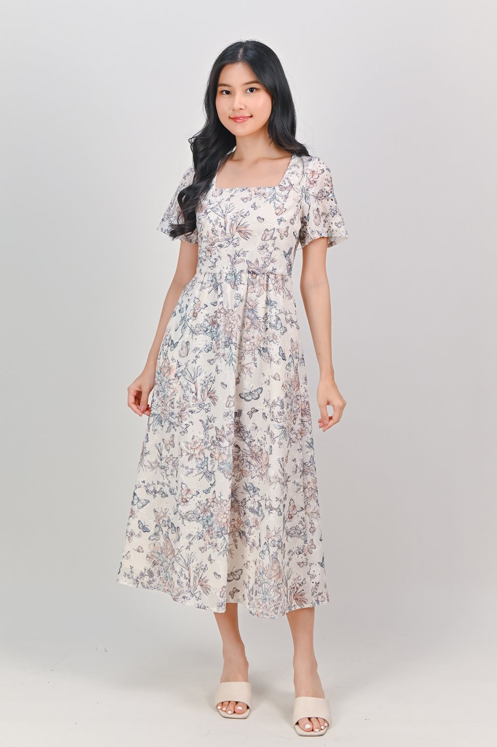 JUSTICE EYELET FLORAL SLEEVED MIDAXI DRESS