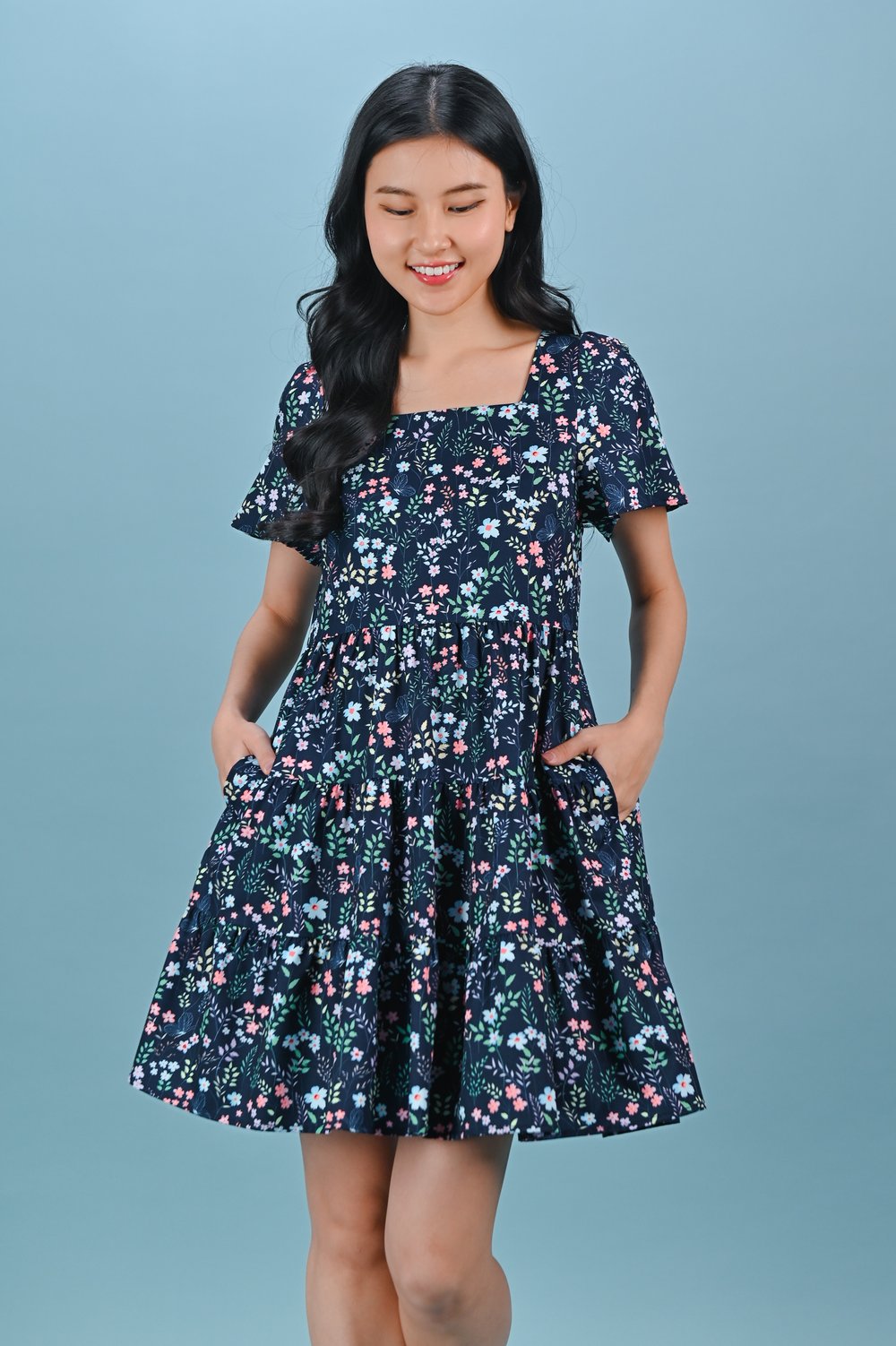 IVY LIT FLORAL SQUARE-NECK BABYDOLL DRESS