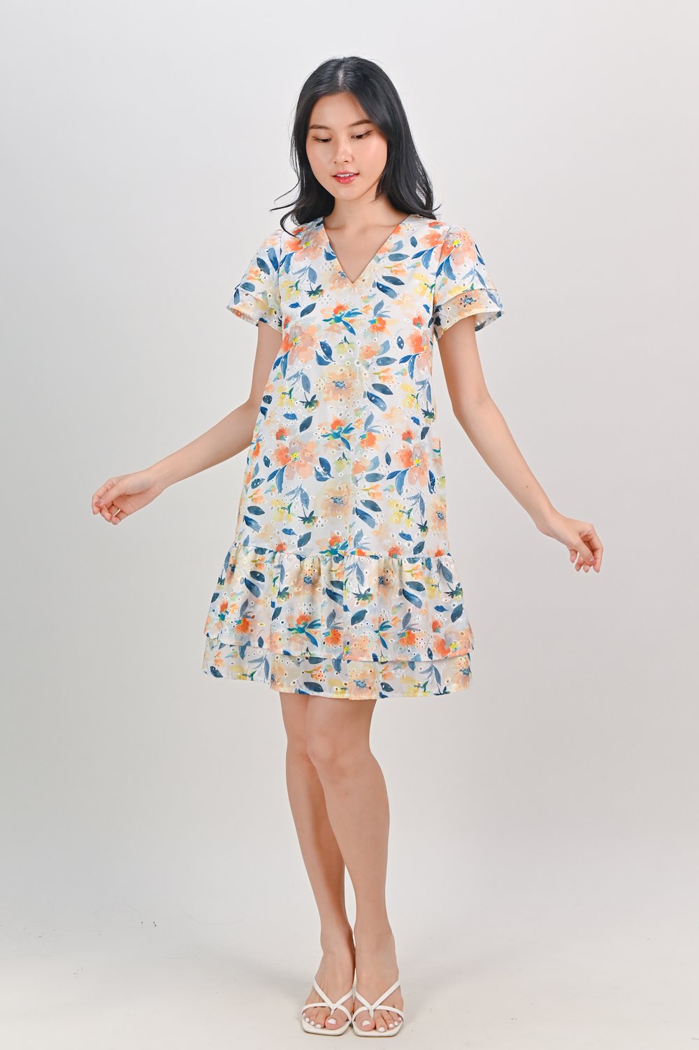 SHELLEY EYELET FLORAL SLEEVED FLOUNCE DRESS