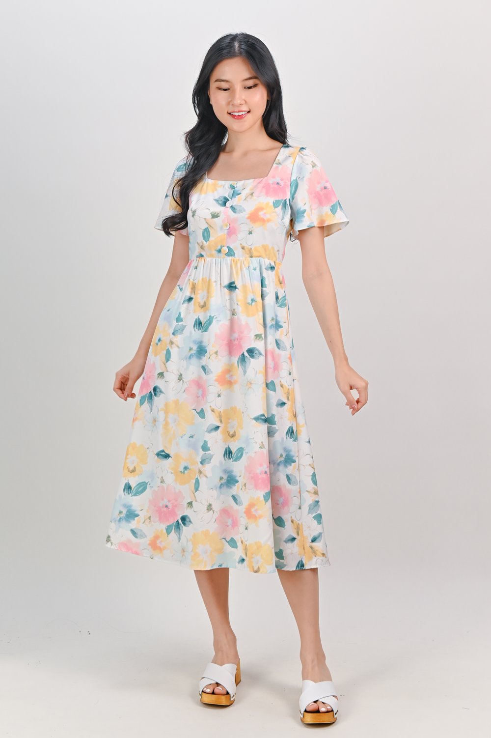 ELODIE FLORAL SQUARE-NECK BUTTON SLEEVED DRESS