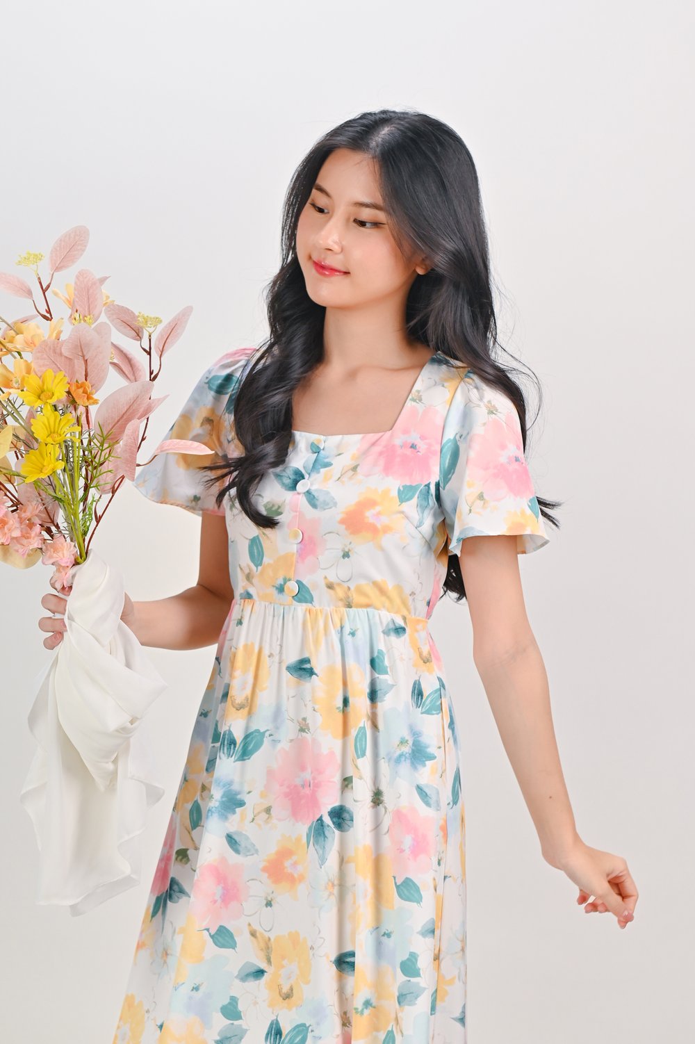 ELODIE FLORAL SQUARE-NECK BUTTON SLEEVED DRESS