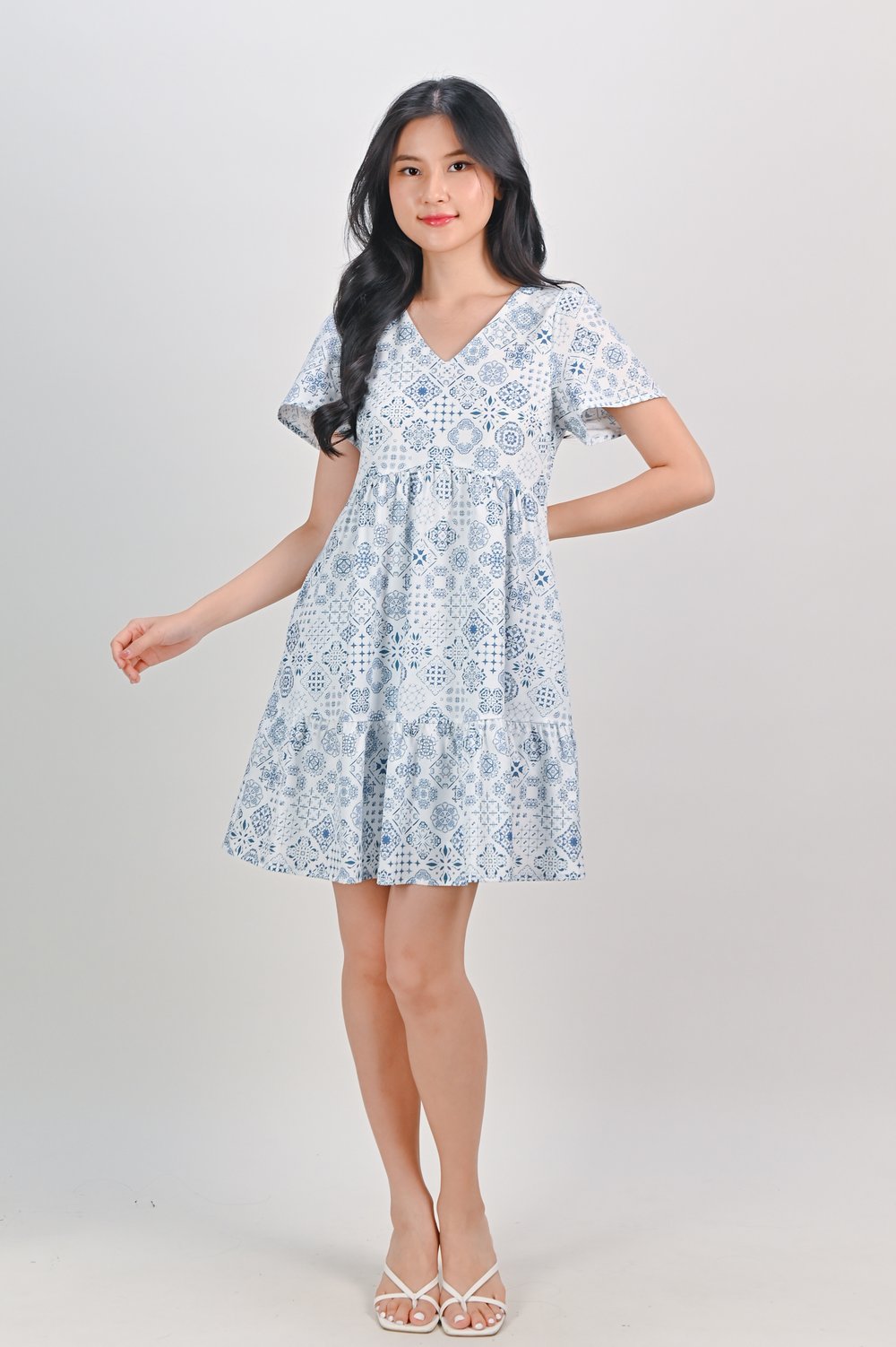 LISBON TILES CURVED-WAIST FLOUNCE DRESS
