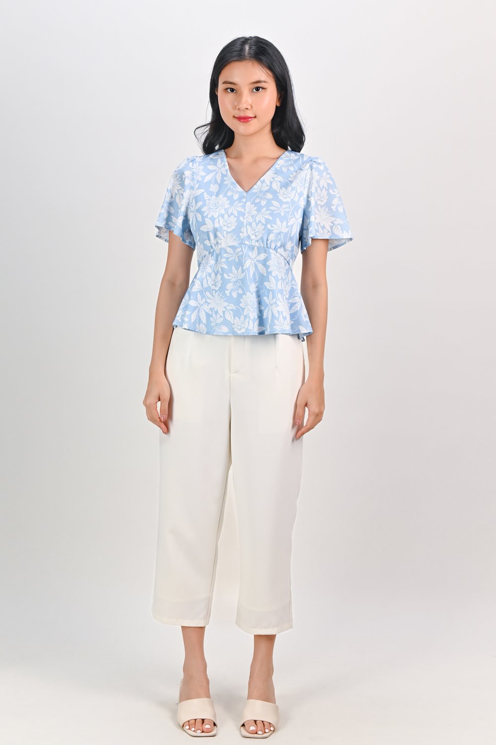 CAMY BLUE SLEEVED PEPLUM TOP